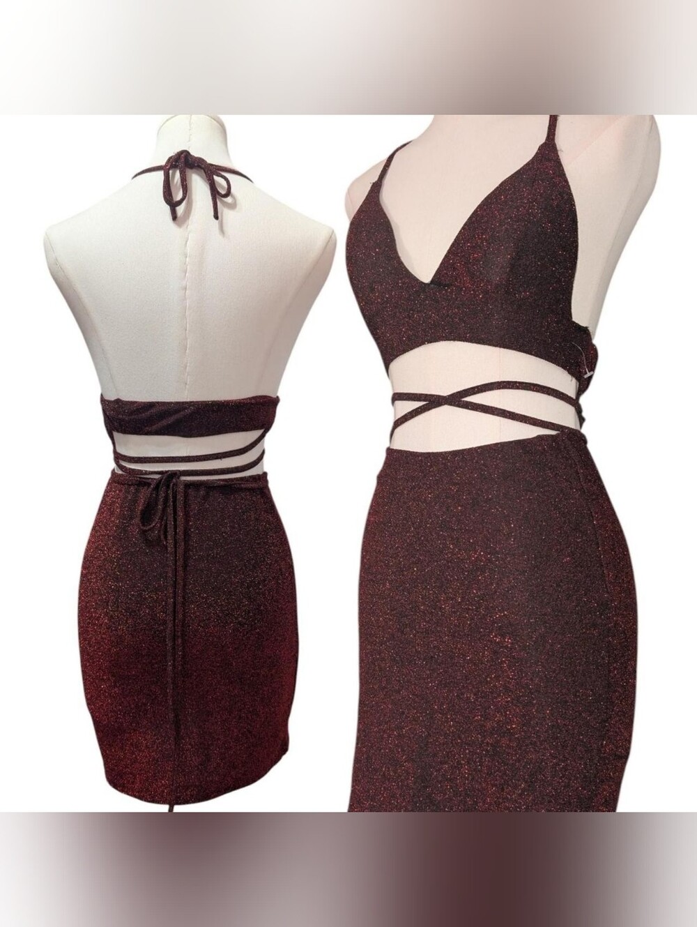 Y2K Dark Red Glitter Halter Two-Piece Set (Small)‼️Price is firm‼️